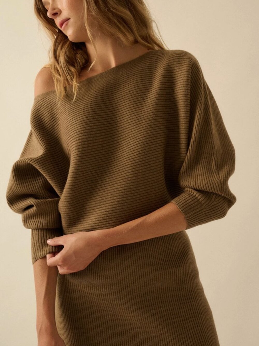 Off-the-Shoulder Ribbed Sweater Dress - Picture 3 of 5
